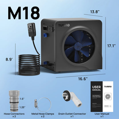 TURBRO pool heater with dimensions and accessories on a blue background