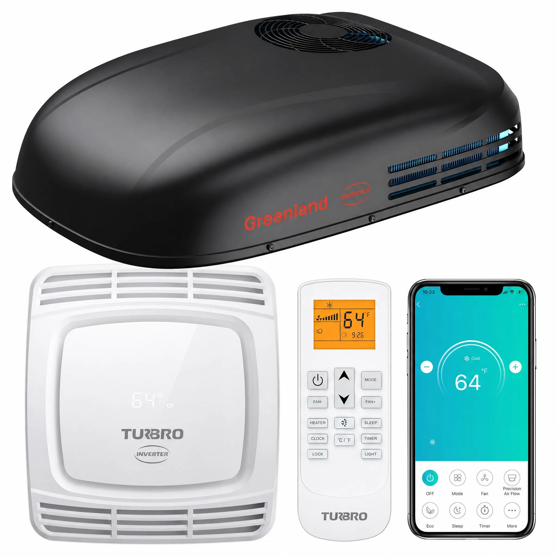 TUBRO indoor air quality and heating/cooling system bundle showing a black roof-mounted heat pump unit, a white indoor air handler, a white remote control, and a smartphone app screen on a white background.