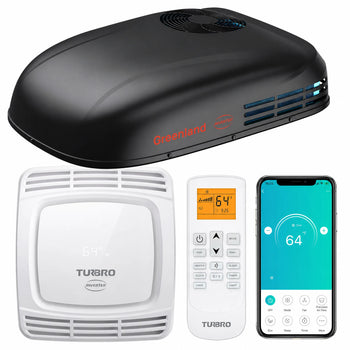 TUBRO indoor air quality and heating/cooling system bundle showing a black roof-mounted heat pump unit, a white indoor air handler, a white remote control, and a smartphone app screen on a white background. ,view 2
