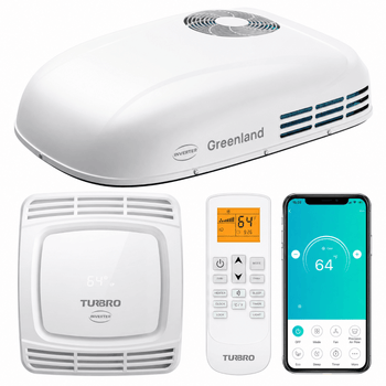Greenland inverter heat pump system components including a white dome-shaped roof unit, a white indoor thermostat, a white remote control, and a smartphone showing the companion app, all on a light gray background.,view 1