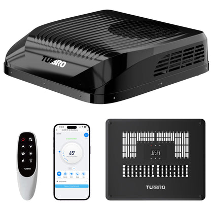 Turbro RV air conditioner with remote control and smartphone app on a white background