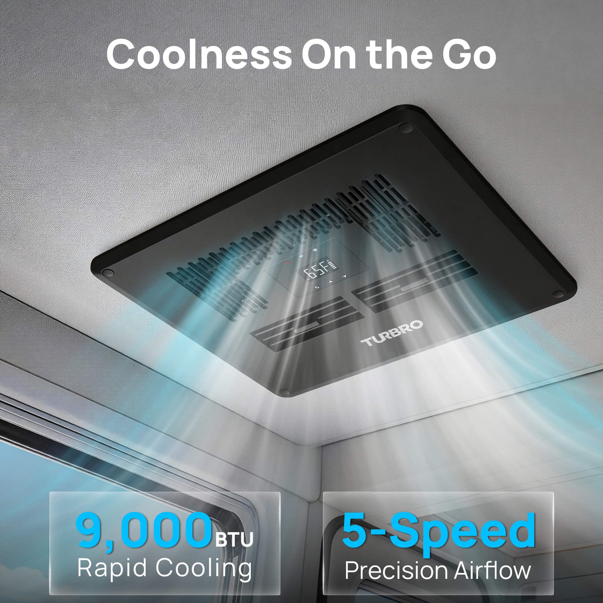 Ceiling-mounted air conditioner with Turbo branding, showing 9,000 BTU rapid cooling and 5-speed precision airflow on a gray background.