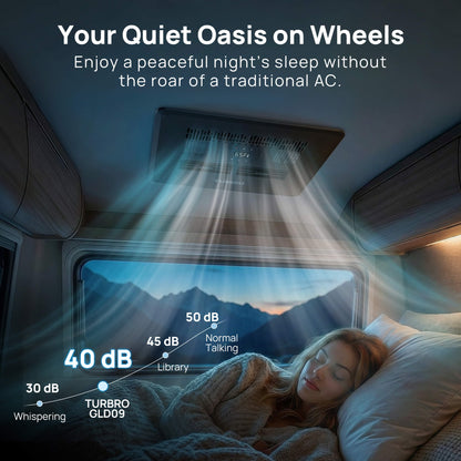 Person sleeping in a vehicle with a quiet air conditioning system labeled 'Your Quiet Oasis on Wheels'.