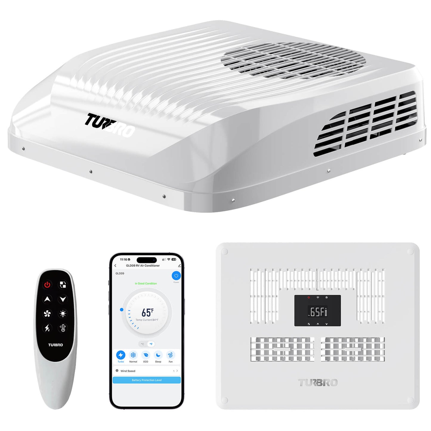Turbro air conditioning unit with remote control, smartphone app, and additional wall-mounted unit on a white background.
