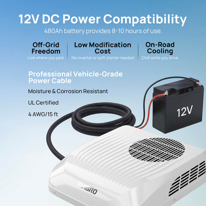 12V DC power compatibility system with battery, cable, and cooler on a blue background
