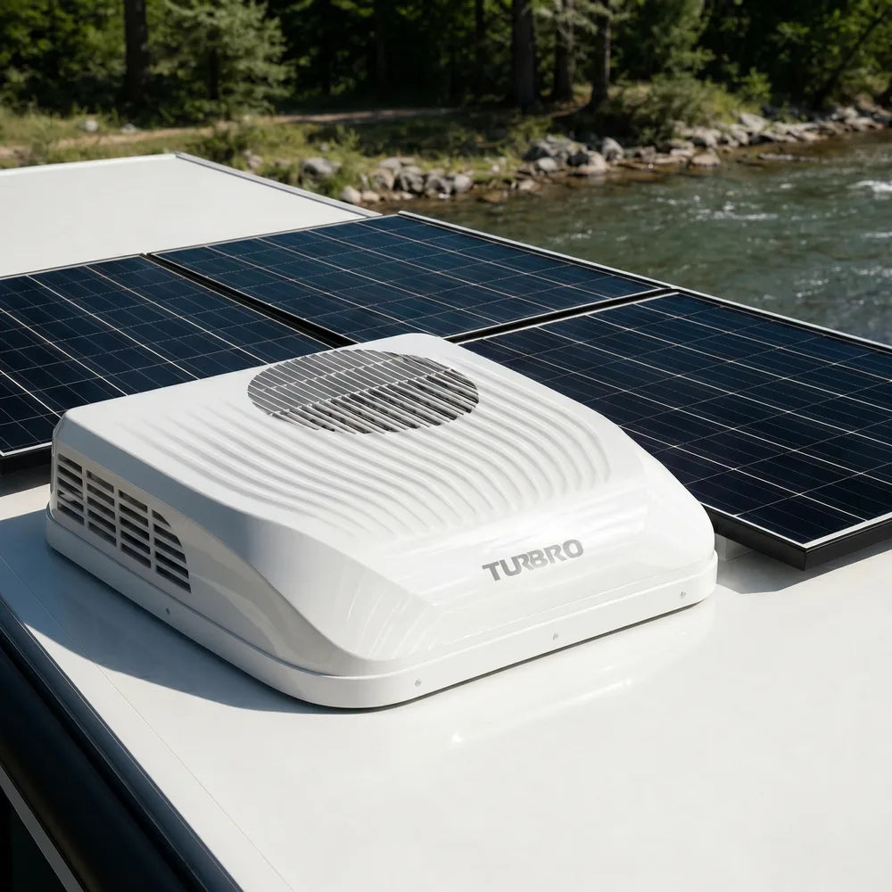Turbro roof vent on a vehicle with solar panels in a natural setting