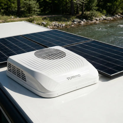 Turbro roof vent on a vehicle with solar panels in a natural setting