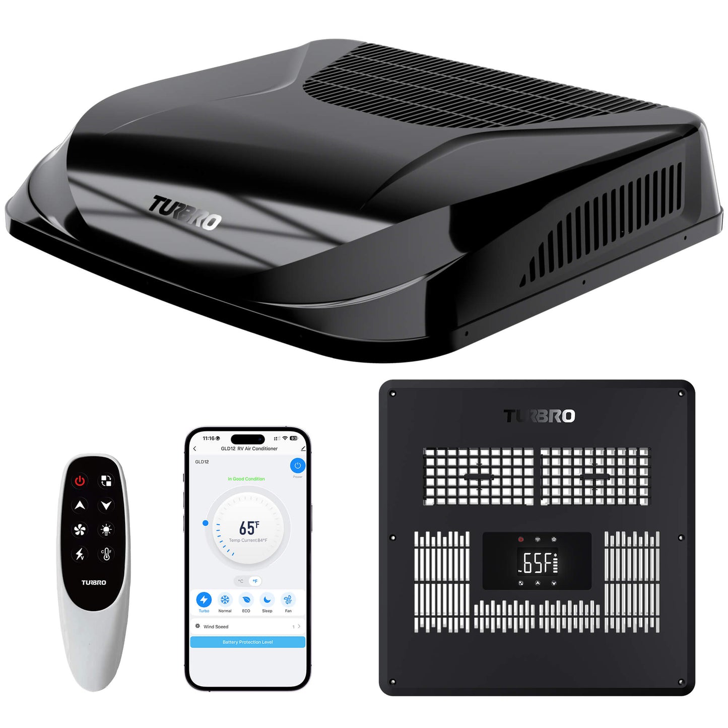 Turbro roof air conditioner with remote control, smartphone app, and back panel on a white background