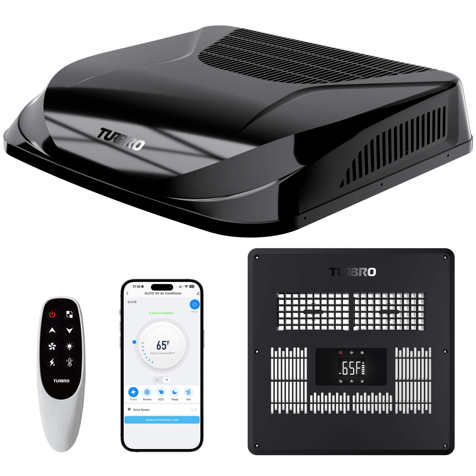 Turbro roof air conditioner with remote control, smartphone app, and back panel on a white background
