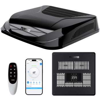 Turbro roof air conditioner with remote control, smartphone app, and back panel on a white background ,view 2
