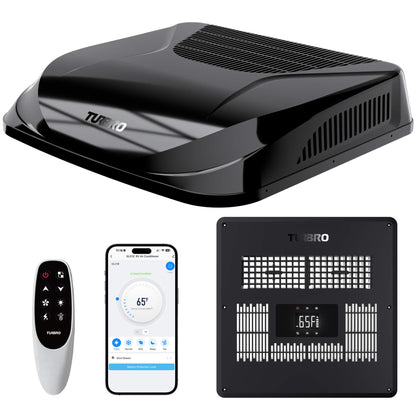 Turbro roof air conditioner with remote control, smartphone app, and back panel on a white background