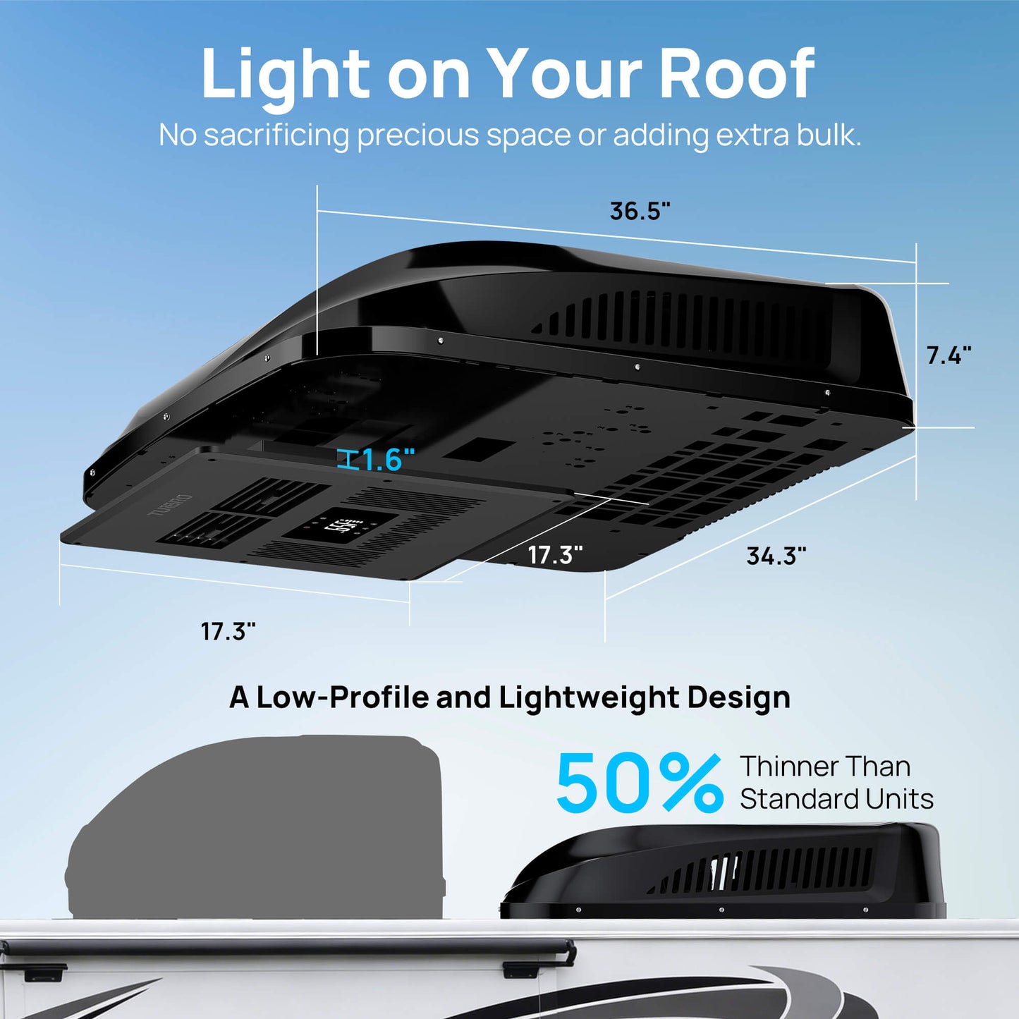 Roof-mounted light with dimensions and weight reduction information on a blue background