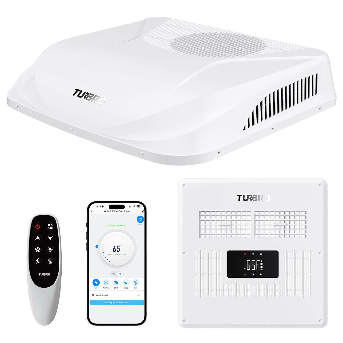 Turbro air conditioning unit with remote control, smartphone app, and wall-mounted control panel on a white background.