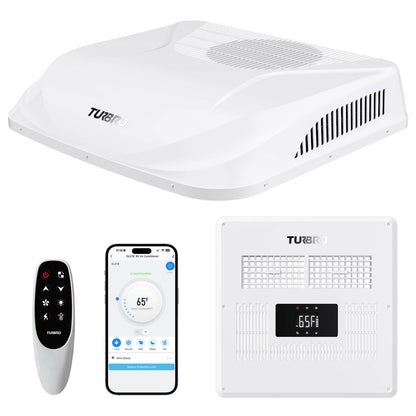 Turbro air conditioning unit with remote control, smartphone app, and wall-mounted control panel on a white background.