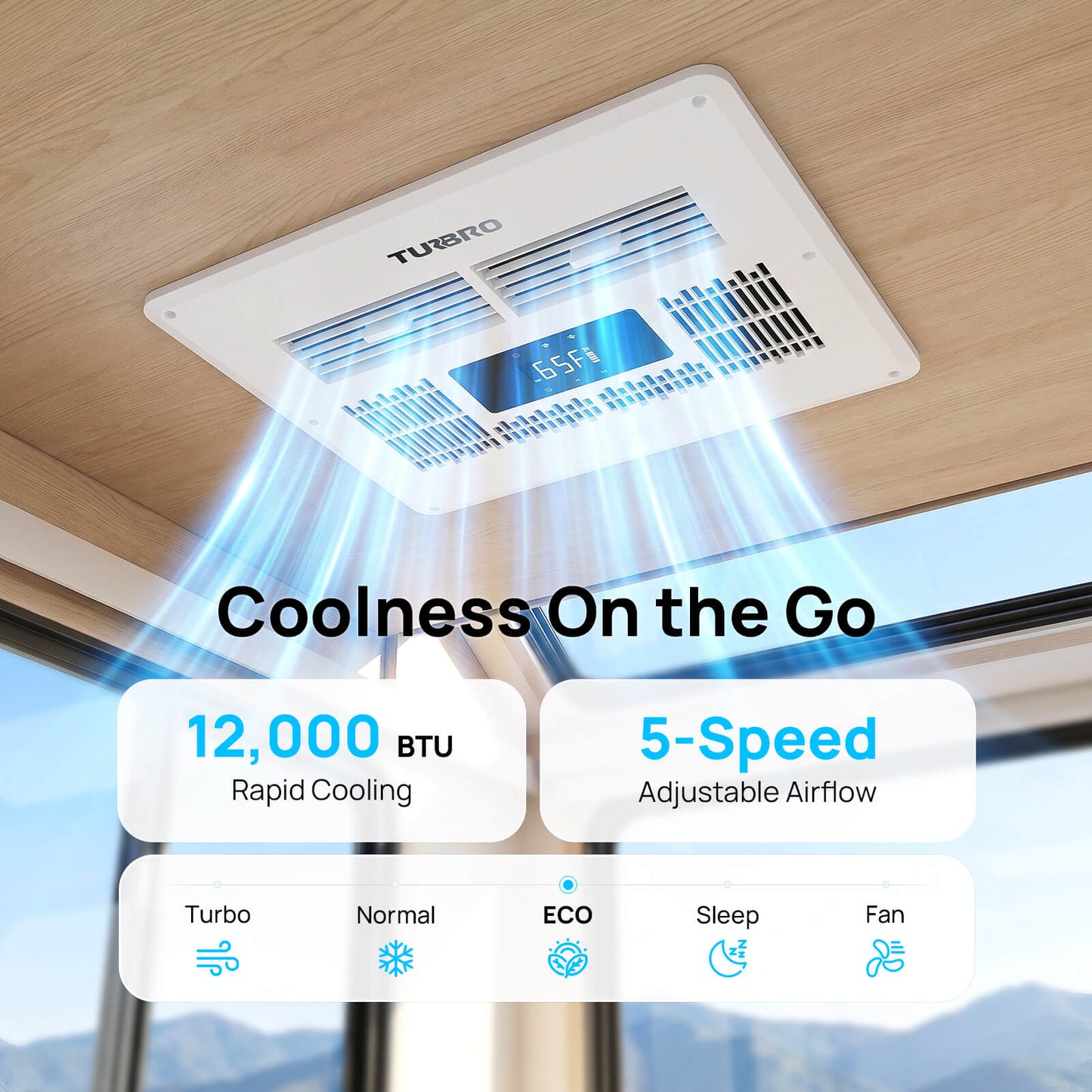 Ceiling-mounted air conditioner with cooling effects and feature text on a blurred window background