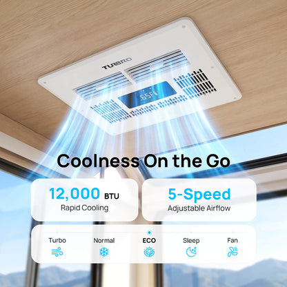 Ceiling-mounted air conditioner with cooling effects and feature text on a blurred window background