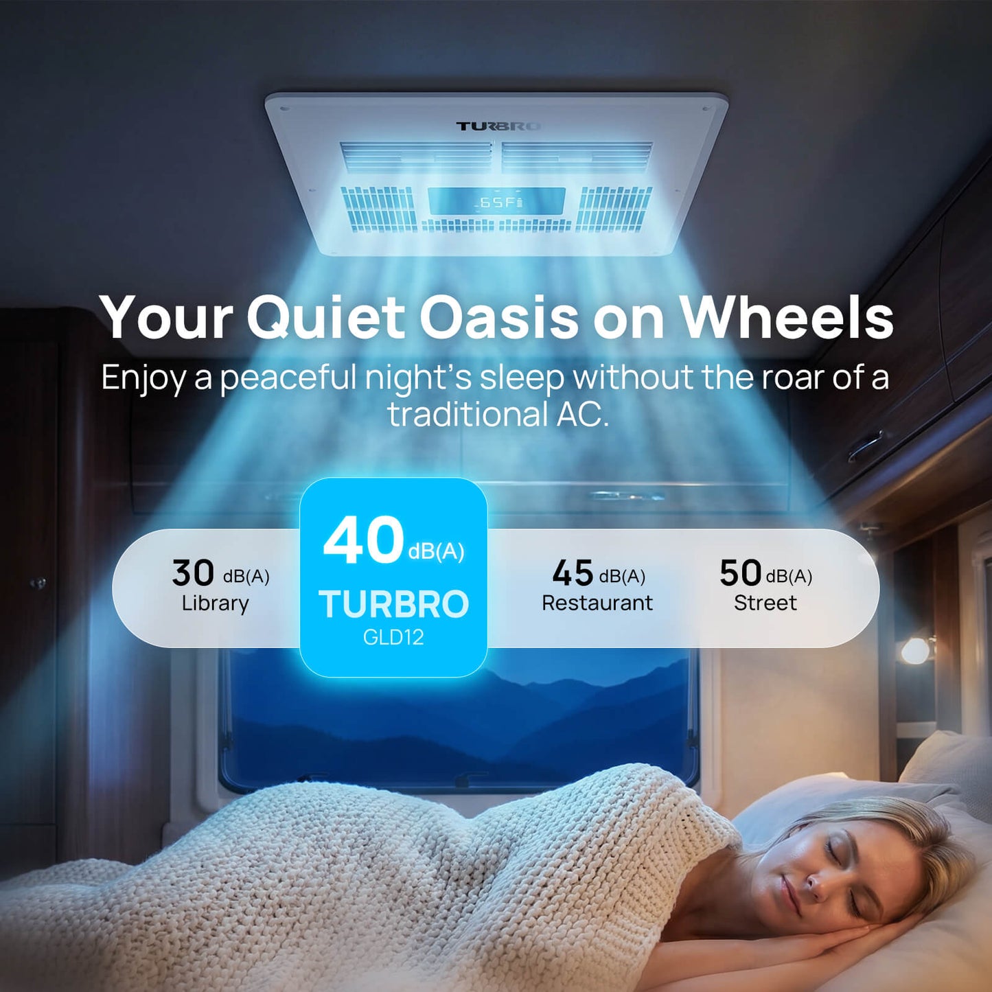 Ceiling-mounted air conditioner with a woman sleeping below, labeled 'Your Quiet Oasis on Wheels'.