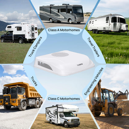 Collage of various types of vehicles including Class A and C motorhomes, truck campers, and a bulldozer with a Turbo air conditioning unit in the center.