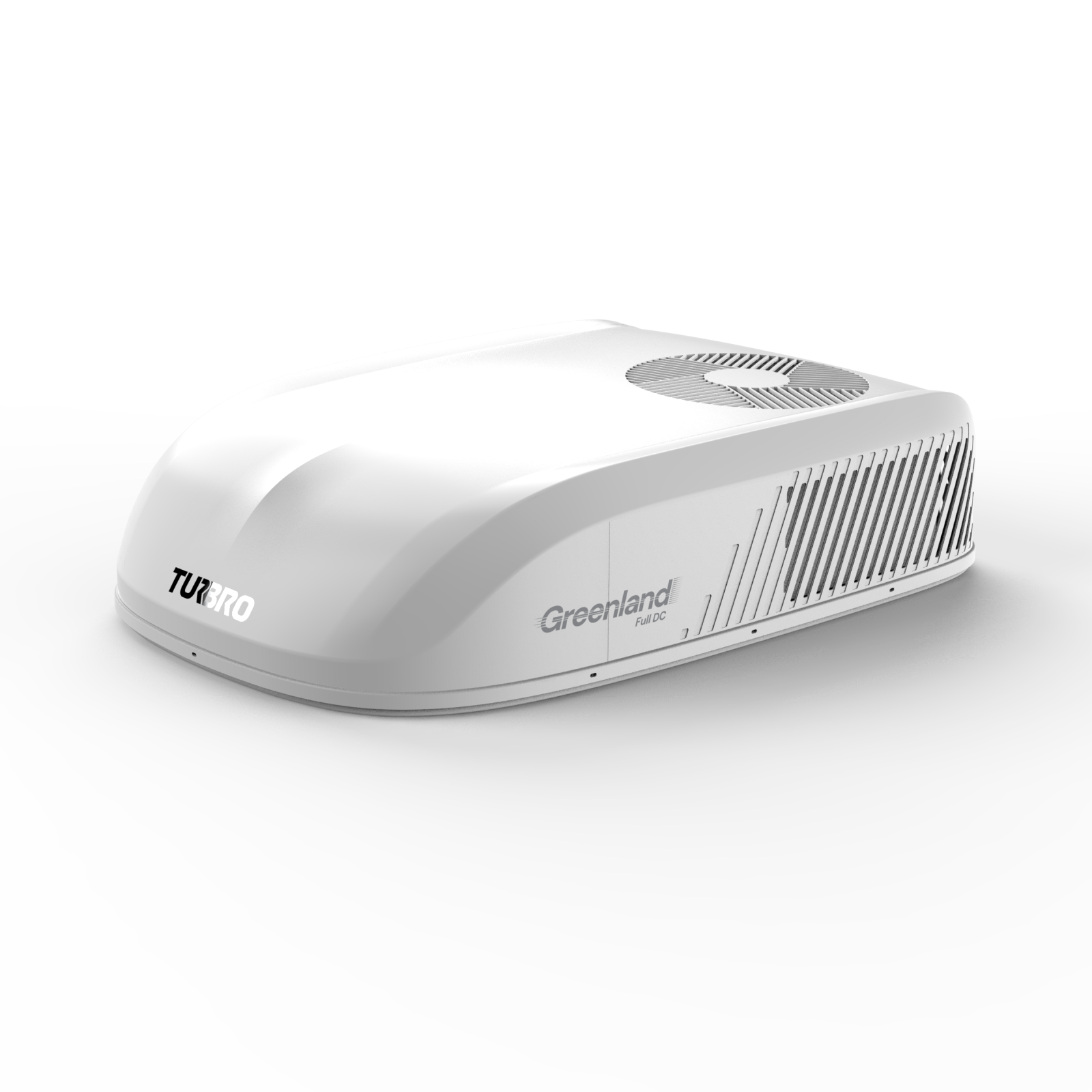 A white Turbro Greenland HVAC rooftop air conditioner with a curved shell design, featuring a circular vent on top and a slotted vent on the side, shown on a clean white background.
