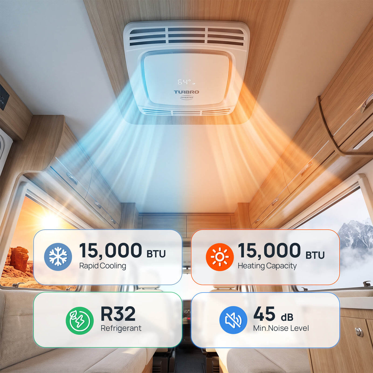 An overhead view of a white TUIRHO air conditioner installed in a wooden RV ceiling, with blue and orange airflow graphics and four feature callouts showing 15,000 BTU cooling, heating capacity, R32 refrigerant, and 45 dB minimum noise level.