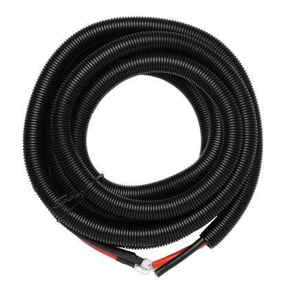Coiled black cable with red and black connectors on a white background