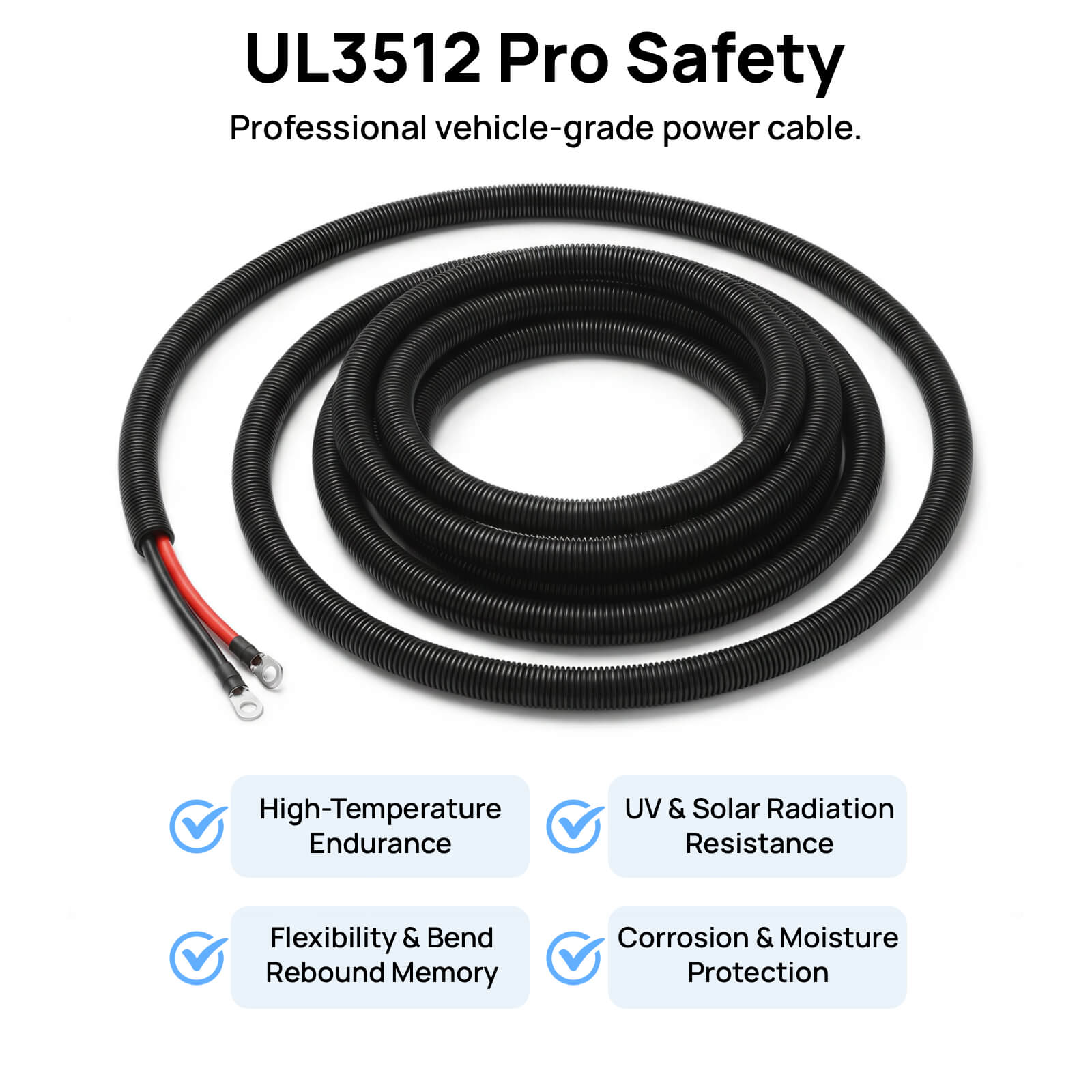 Black vehicle-grade power cable with UL3512 Pro Safety branding on a white background.