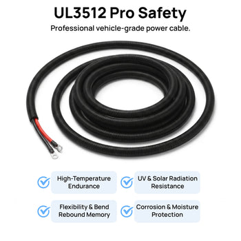 Black vehicle-grade power cable with UL3512 Pro Safety branding on a white background. ,view 2