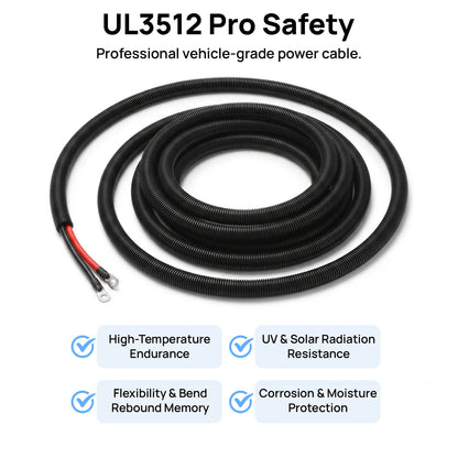 Black vehicle-grade power cable with UL3512 Pro Safety branding on a white background.