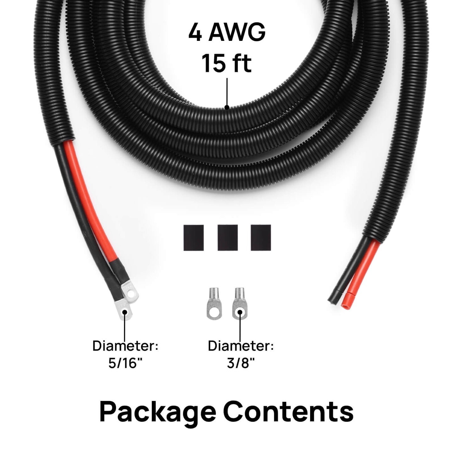 Coiled black and red wire with measurements and package contents text on a white background