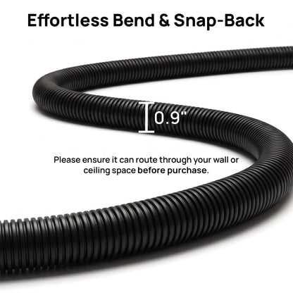 Black corrugated hose with text indicating 'Effortless Bend & Snap-Back' and '0.9" diameter'.