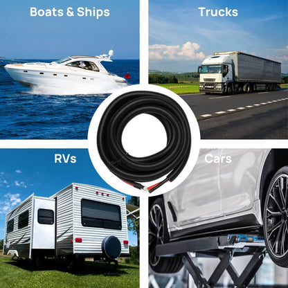 Collage of vehicles including a boat, truck, RV, and car with a central focus on black cable.