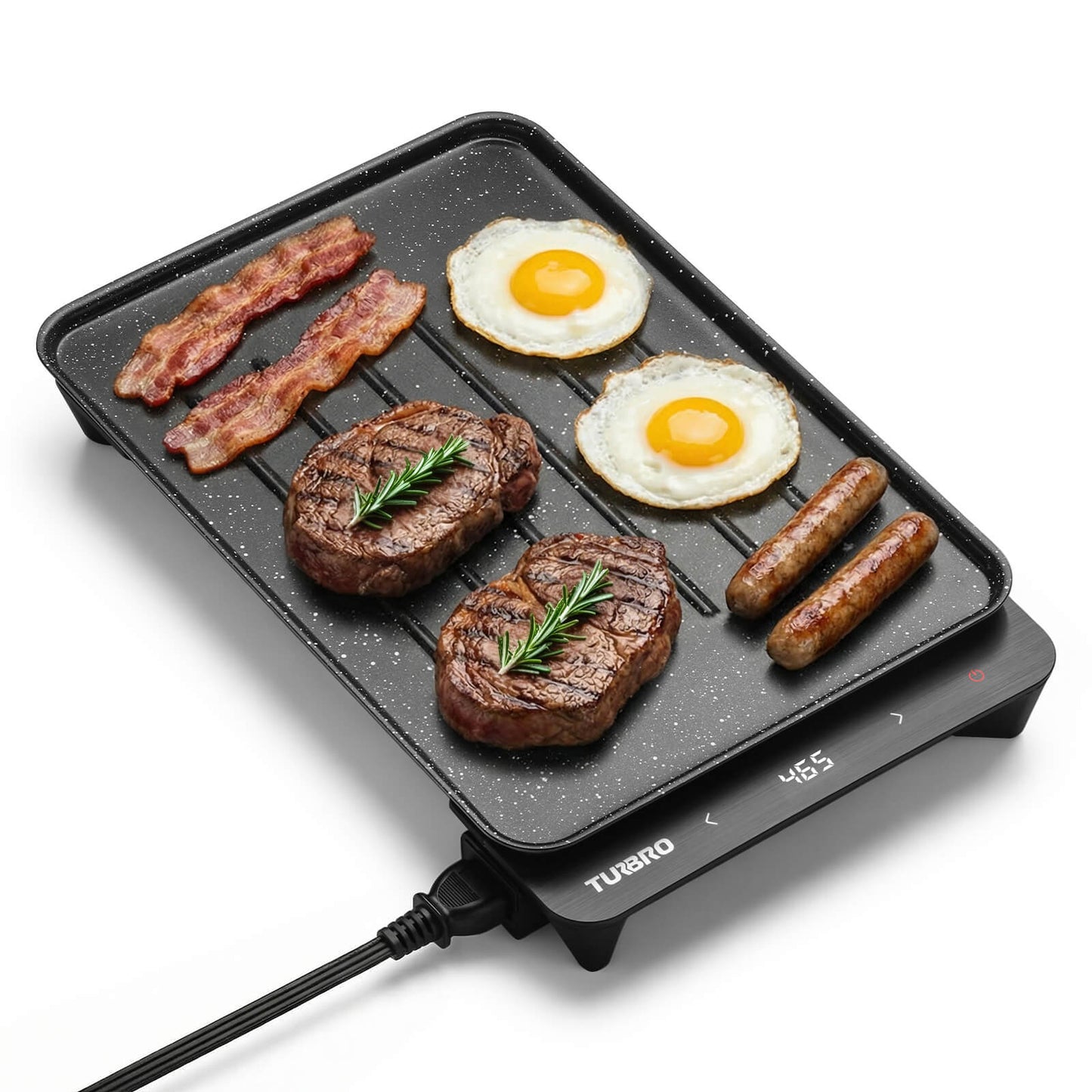 Electric griddle with food items on a white background
