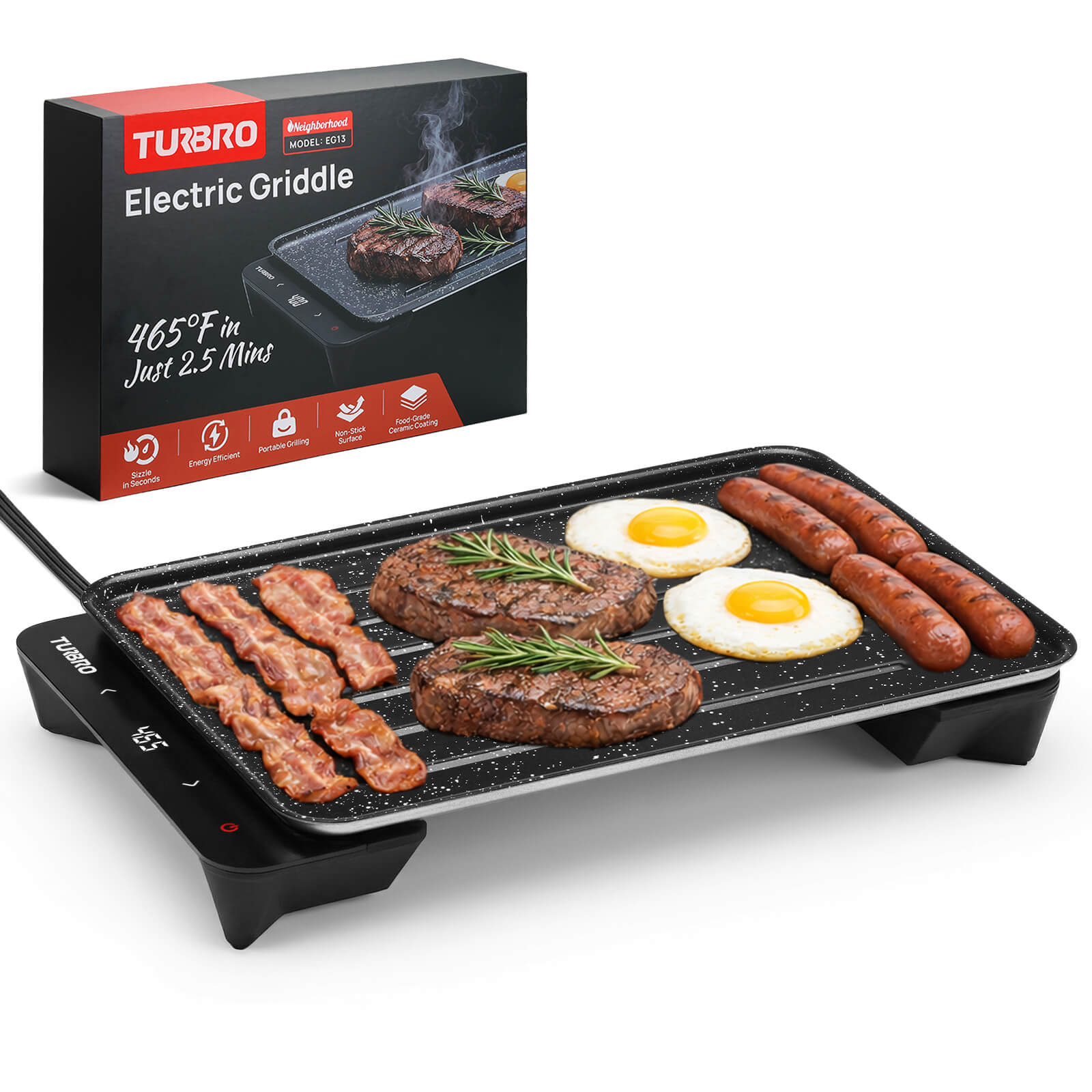 Turbo electric griddle with food on a white background