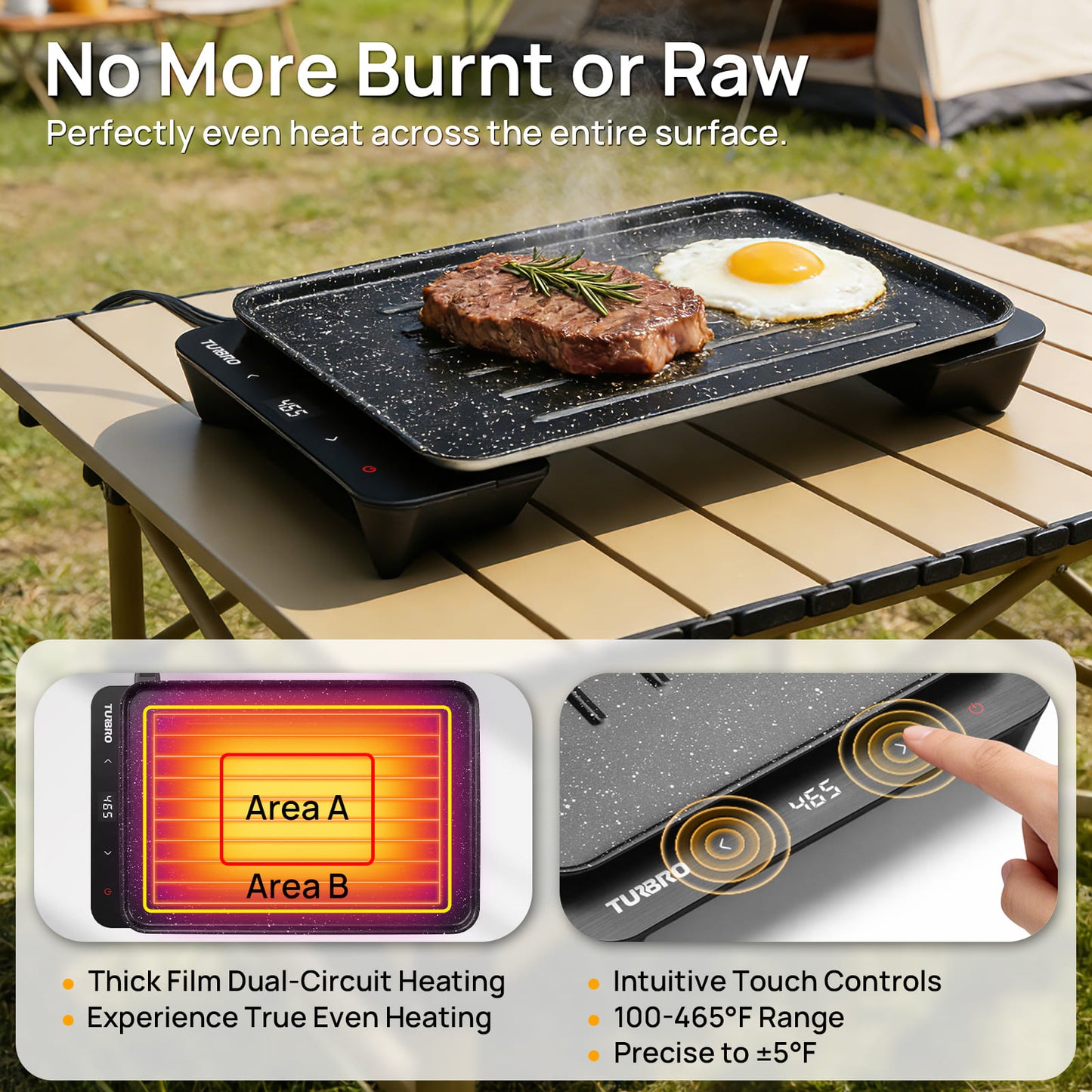 Portable electric grill with food on a table outdoors, showing even heating features.