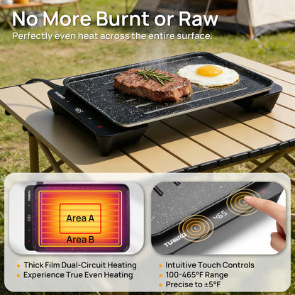 Portable electric grill with food on a table outdoors, showing even heating features.