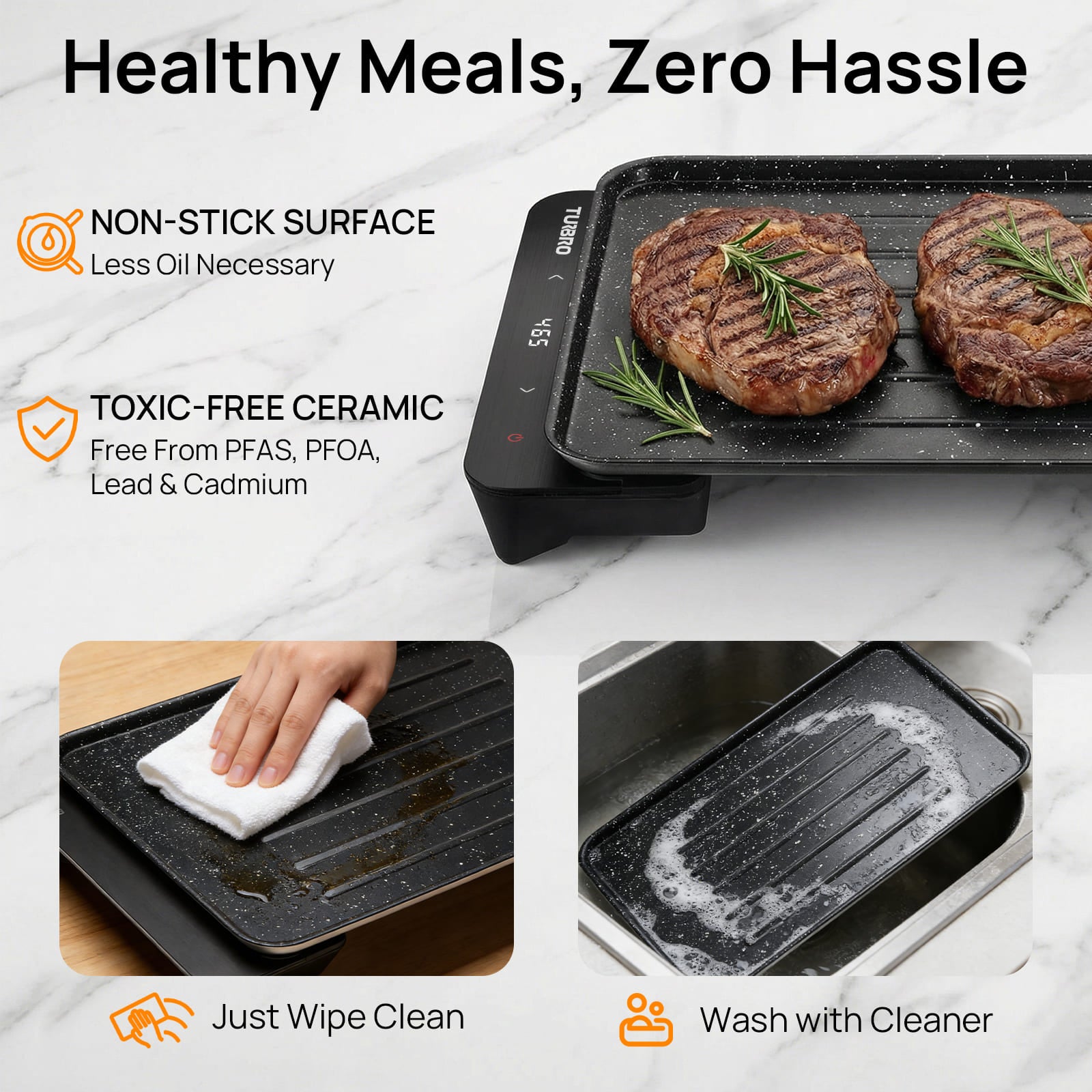 Non-stick cooking pan with grilled steaks, cleaning process, and text highlighting features on a white background.
