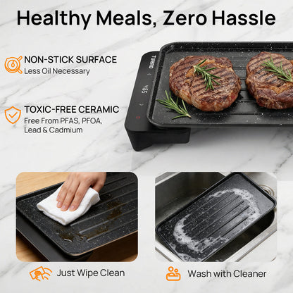 Non-stick cooking pan with grilled steaks, cleaning process, and text highlighting features on a white background.