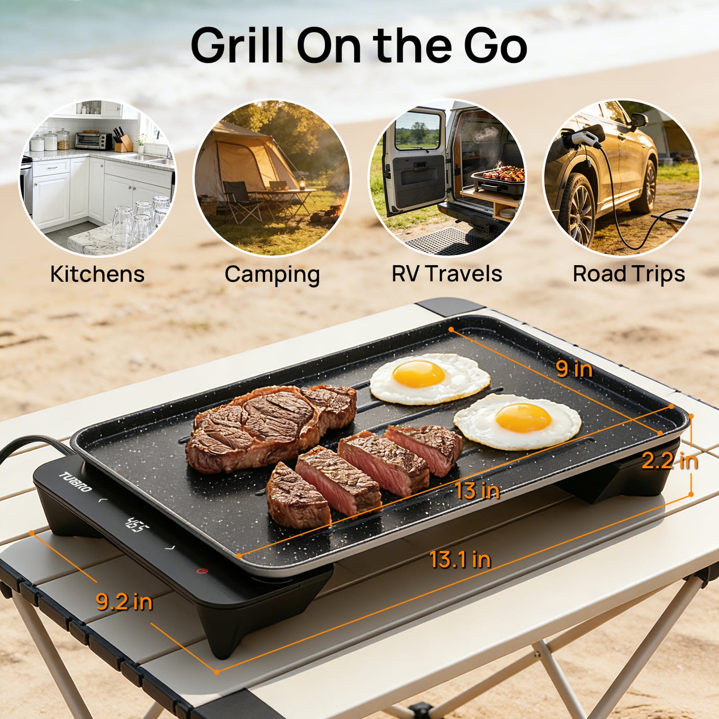 Portable grill with food on a table, suitable for various activities including kitchens, camping, RV travels, and road trips.