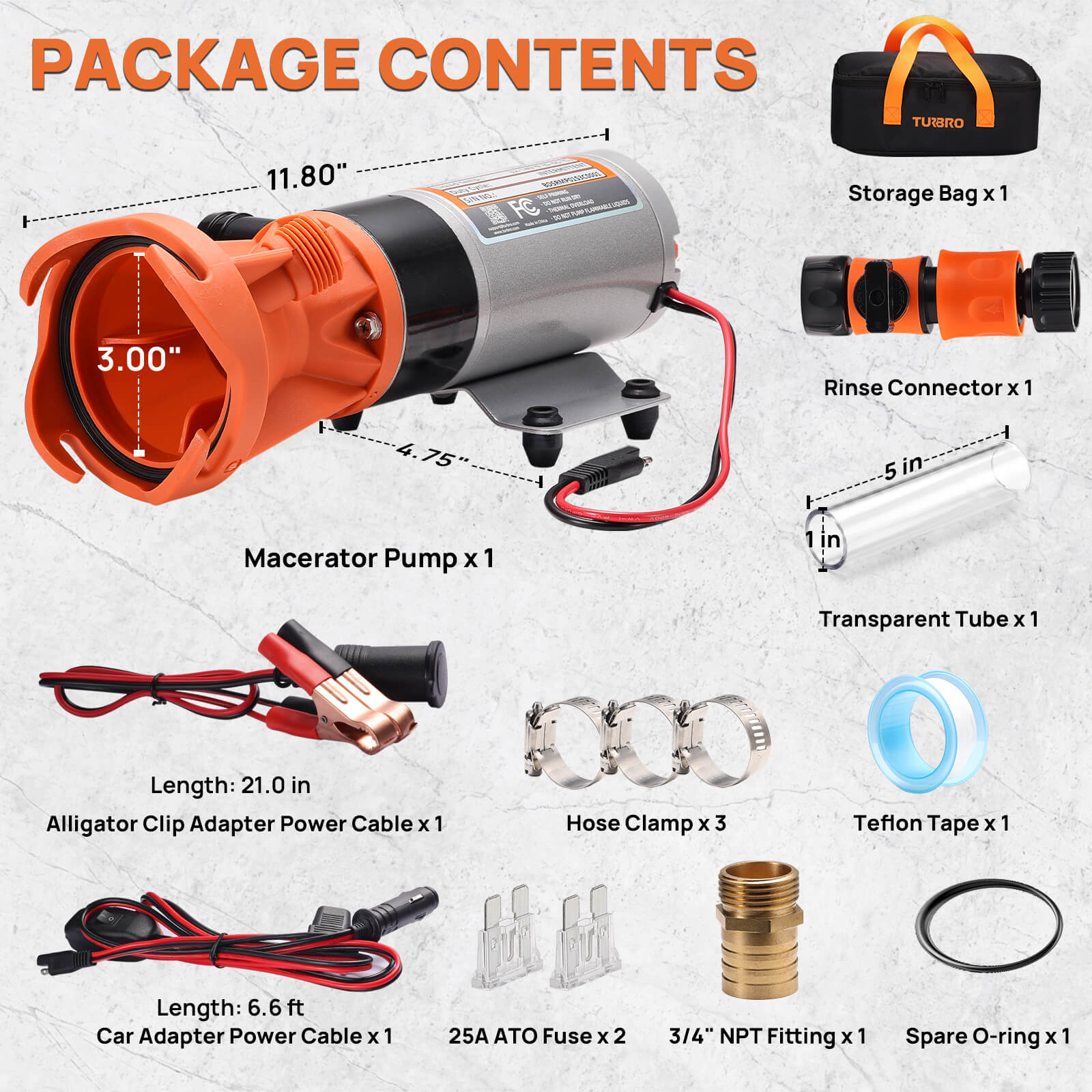 Package contents of a macerator pump system with various components listed.