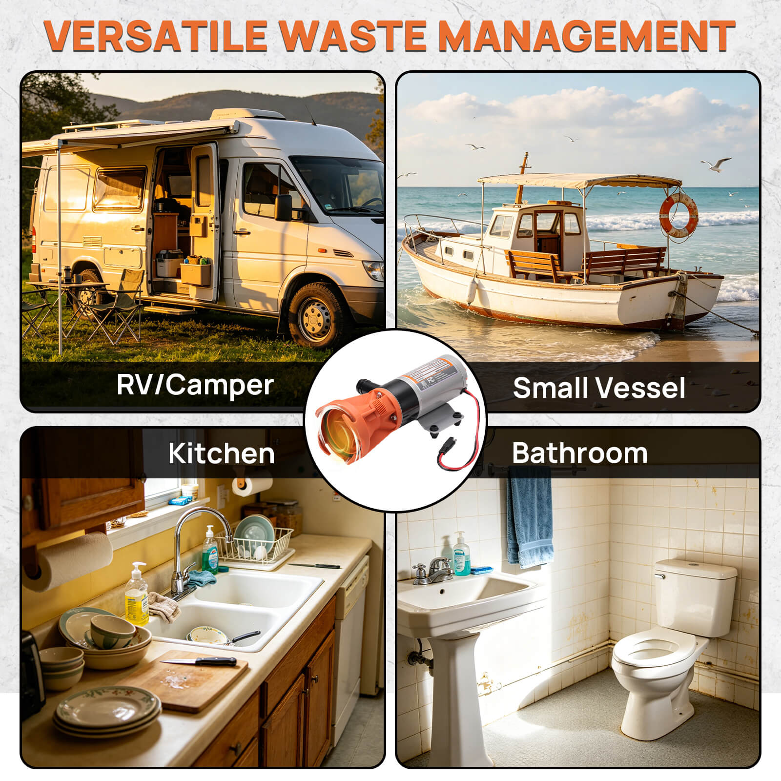 Versatile waste management system for RV, camper, small vessel, kitchen, and bathroom applications.