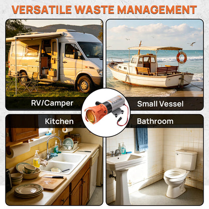 Versatile waste management system for RV, camper, small vessel, kitchen, and bathroom applications.
