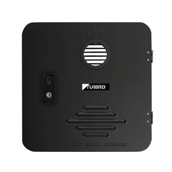 Black metal box with 'Turbo' branding on a white background ,view 2
