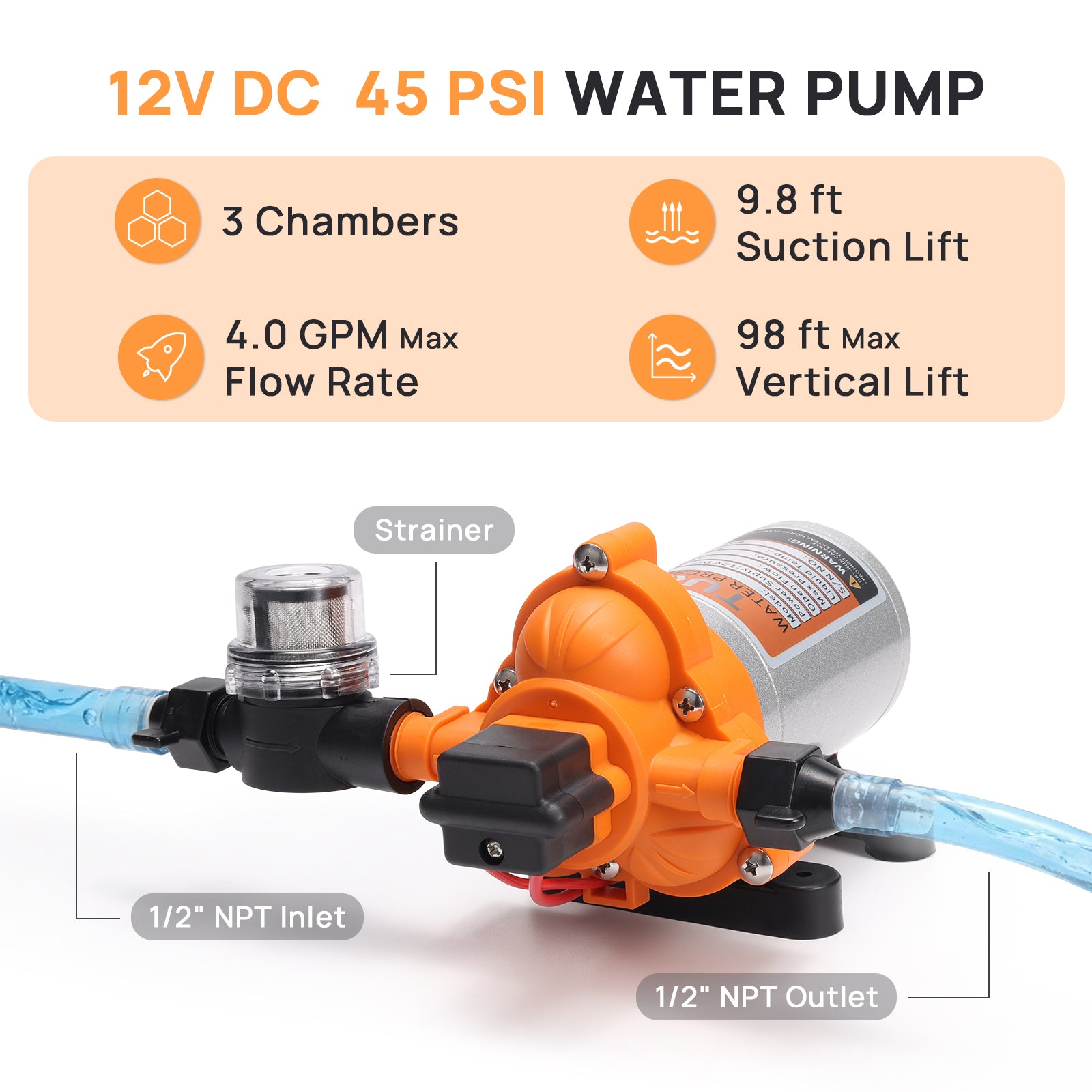 12V DC water pump with specifications on a white background