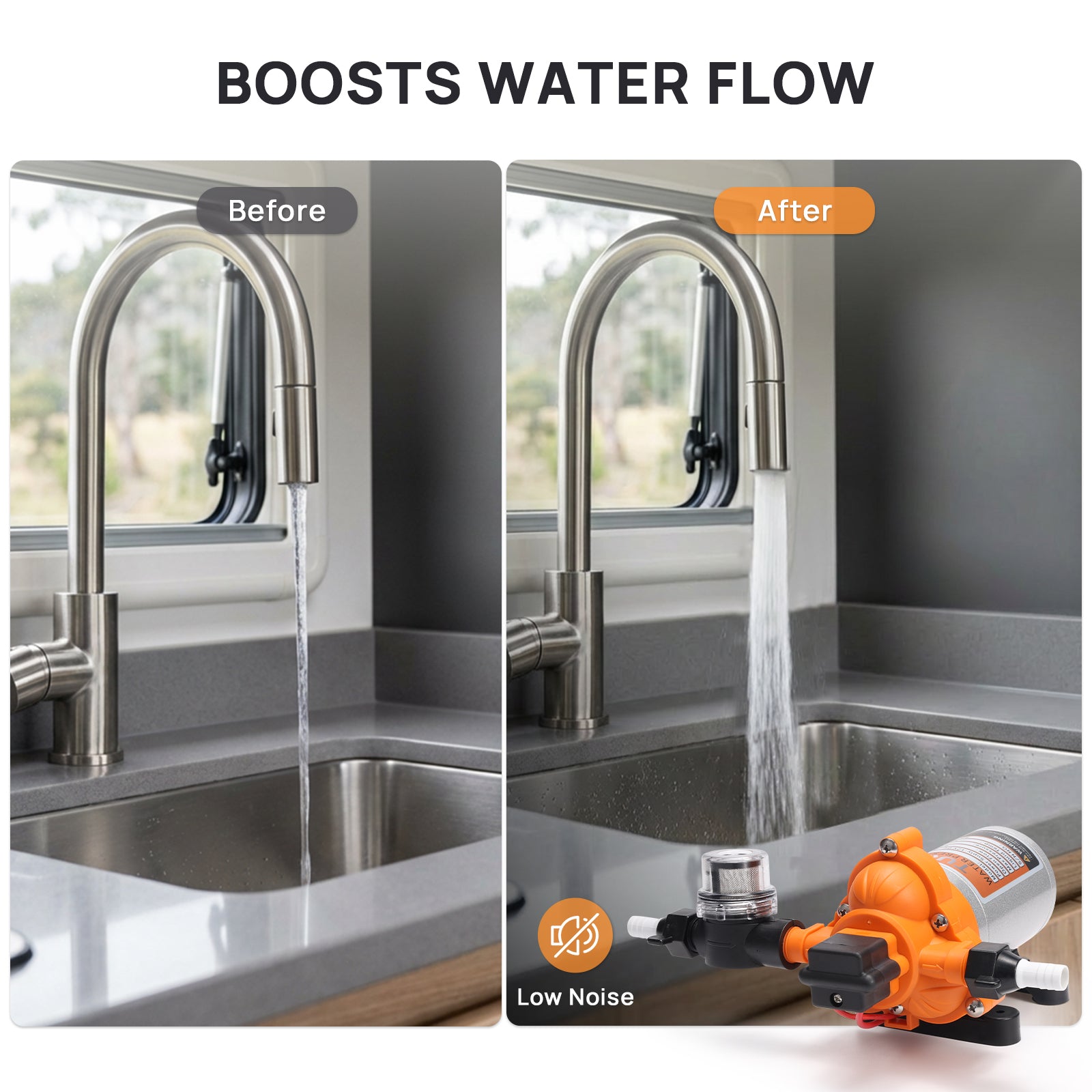 Before and after comparison of a kitchen faucet with water flow enhancement device.