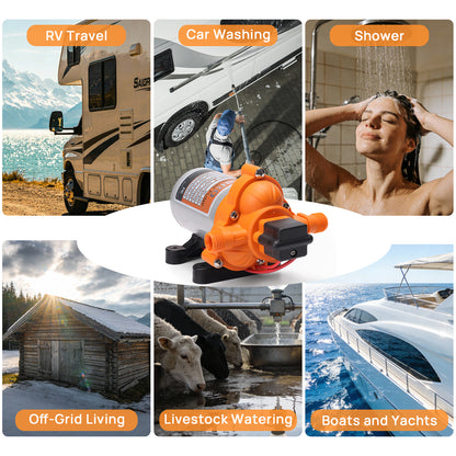 Collection of images showing various uses of a water pump with labels like RV travel, car washing, shower, off-grid living, livestock watering, and boats and yachts.