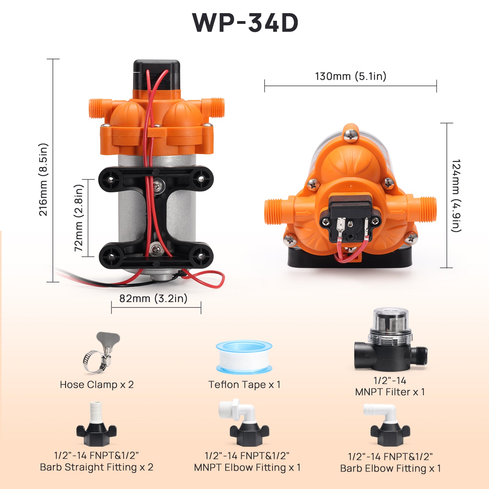 WP-34D pump with dimensions and included components on a beige background