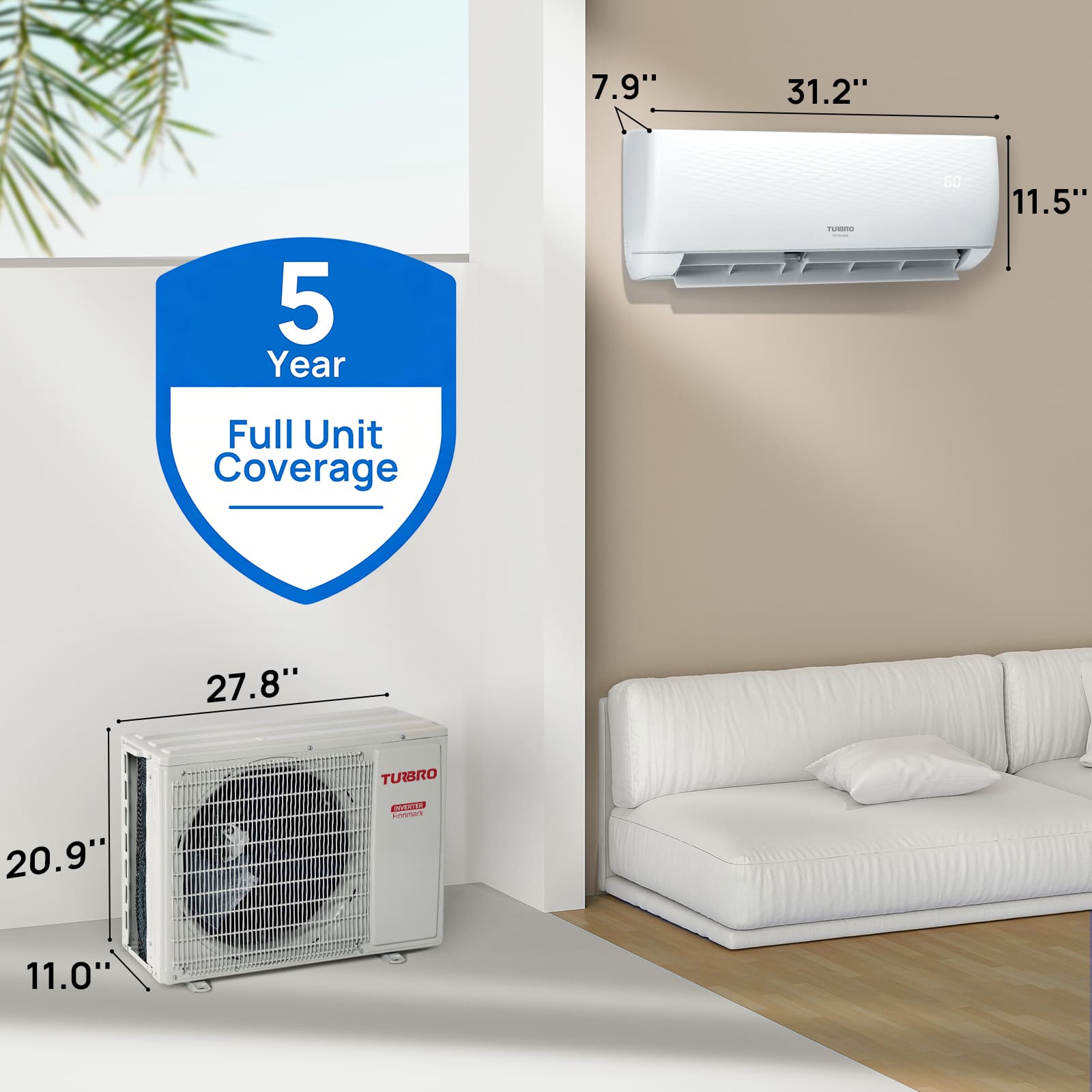 Turbro air conditioner split system shown installed on a beige wall above a white sofa, with outdoor condenser unit shown separately. The image includes dimension labels for the wall-mounted unit and a blue shield badge reading 5 Year Full Unit Coverage.