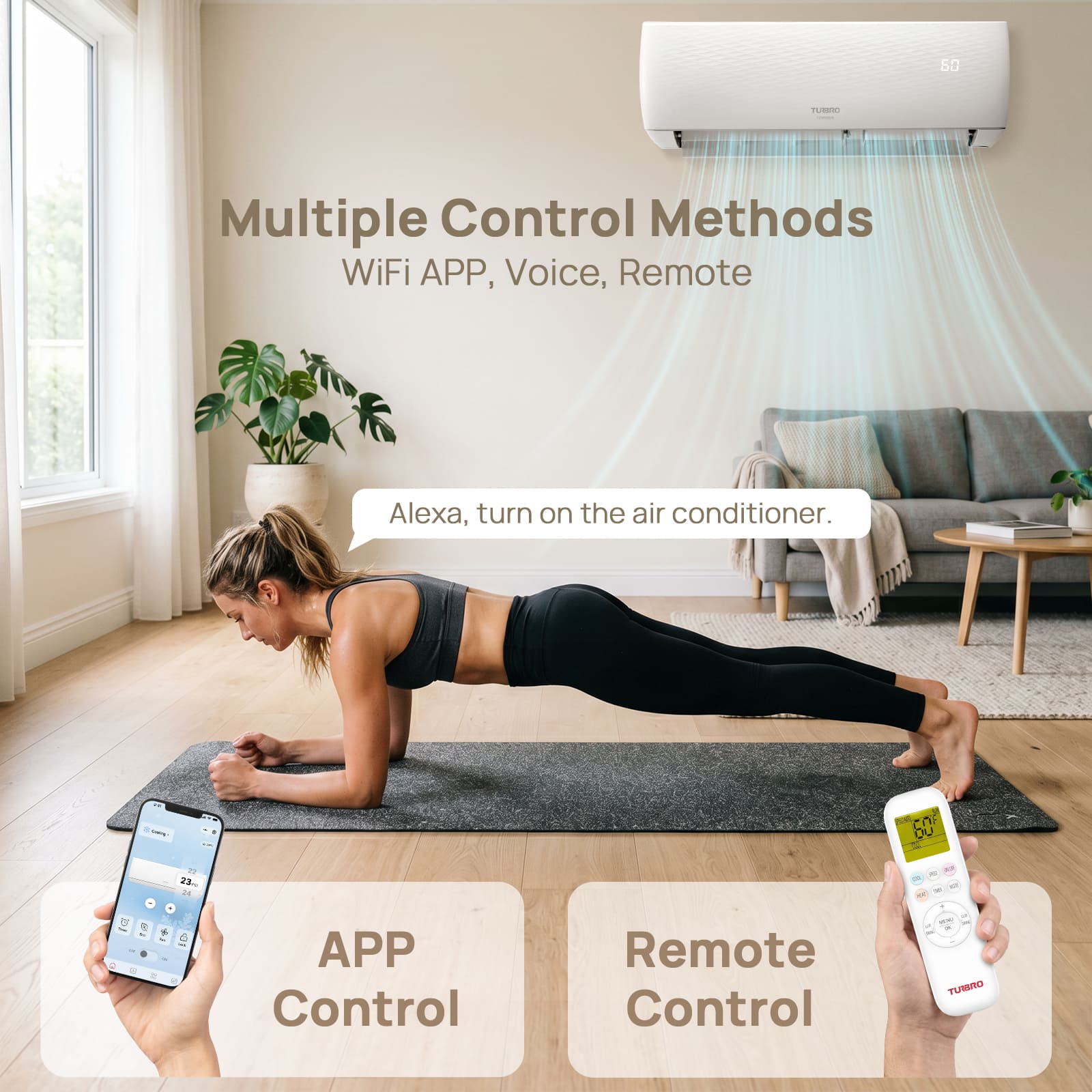 A woman in a black sports bra and leggings does a plank on a yoga mat in a bright living room, with an air conditioner unit mounted on the wall above. Text reads 'Multiple Control Methods' and 'WiFi APP, Voice, Remote,' with app and remote control demonstrations shown at the bottom.
