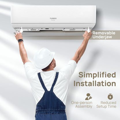 A man in a white hard hat and navy overalls installs a white TURBRO underjaw air conditioner, shown from behind as he presses the mounting clips. The image includes marketing text highlighting a 'Removable Underjaw' feature and 'Simplified Installation'.