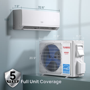 Turbro air conditioning unit with dimensions and 5-year full unit coverage badge on a light gray background ,view 2